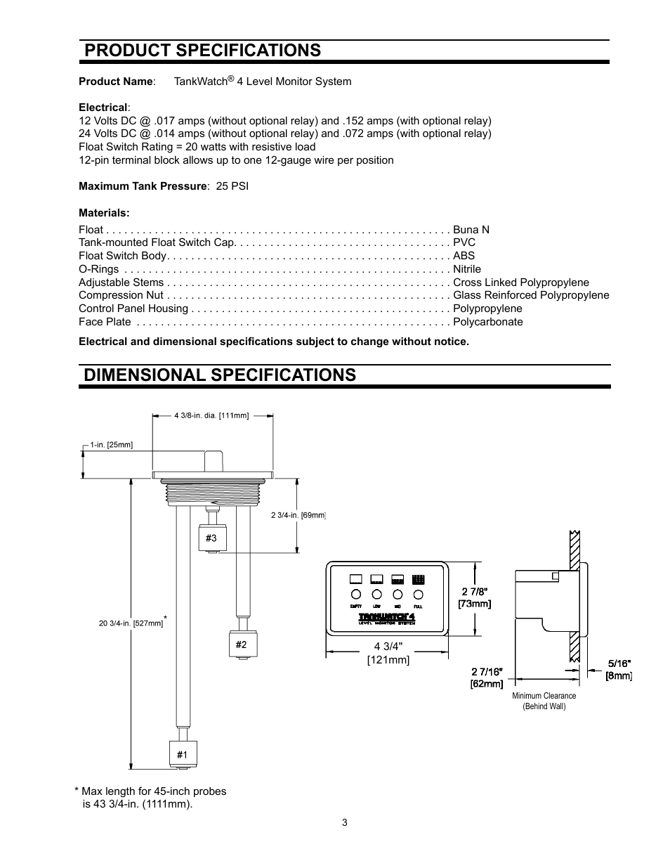 Product specifications, Dimensional specifications | SeaLand TankWatch 4 Level Monitoring System User Manual | Page 3 / 9