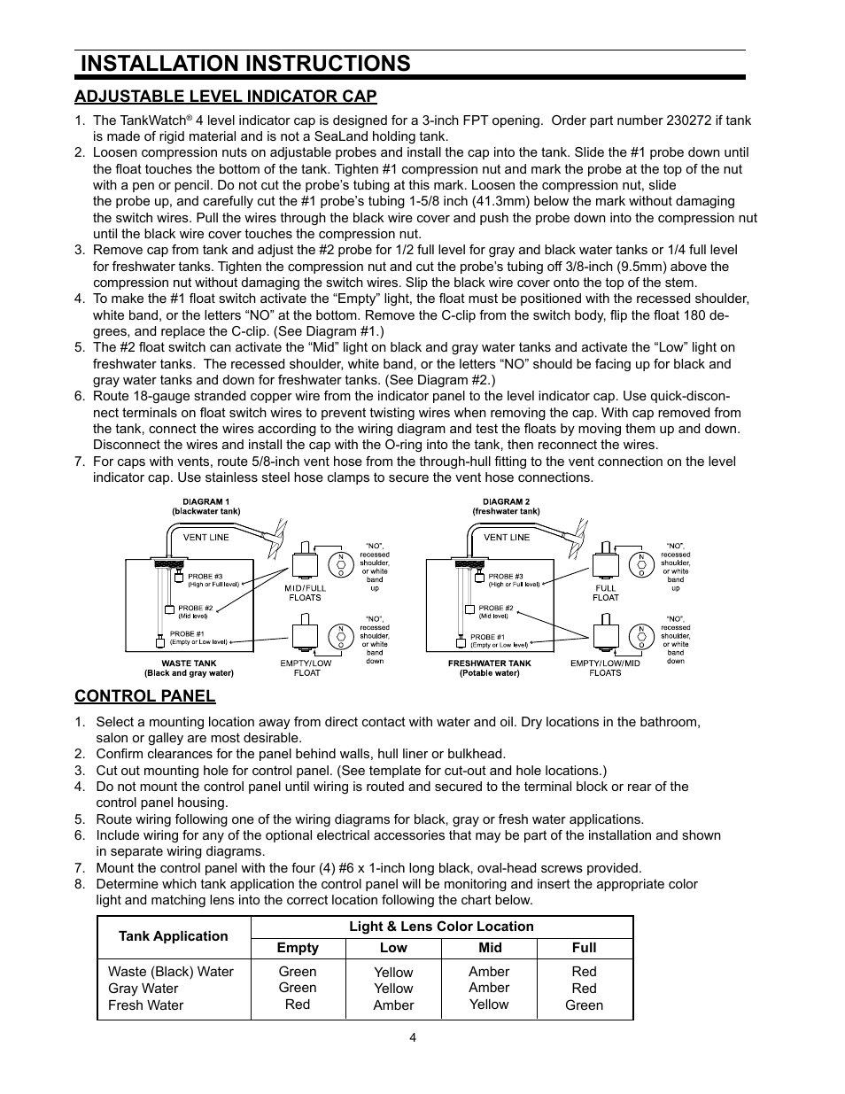 Installation instructions, Adjustable level indicator cap, Control panel | SeaLand TankWatch 4 Level Monitoring System User Manual | Page 4 / 9