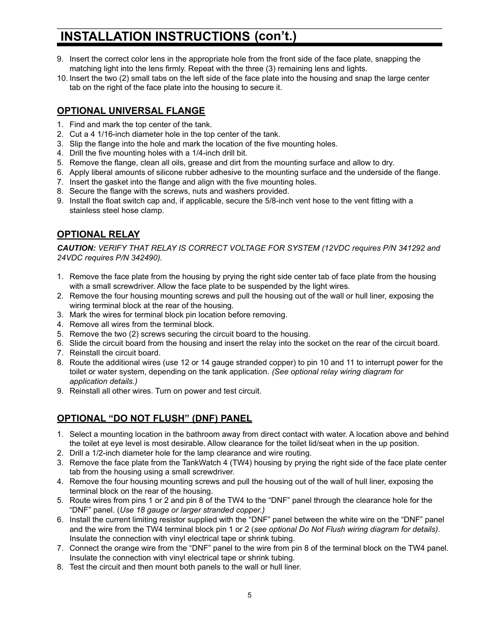 Optional universal flange, Optional relay, Optional "do not flush" panel | Installation instructions, Con’t.) | SeaLand TankWatch 4 Level Monitoring System User Manual | Page 5 / 9