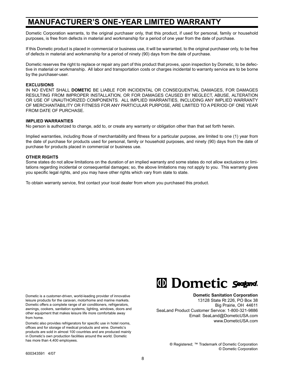 Warranty, Manufacturer’s one-year limited warranty | SeaLand TankWatch 4 Level Monitoring System User Manual | Page 8 / 9