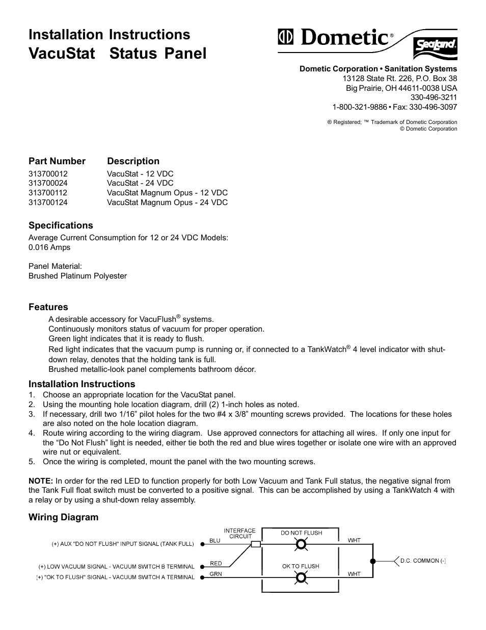 SeaLand VacuStat Status Panel User Manual | 2 pages