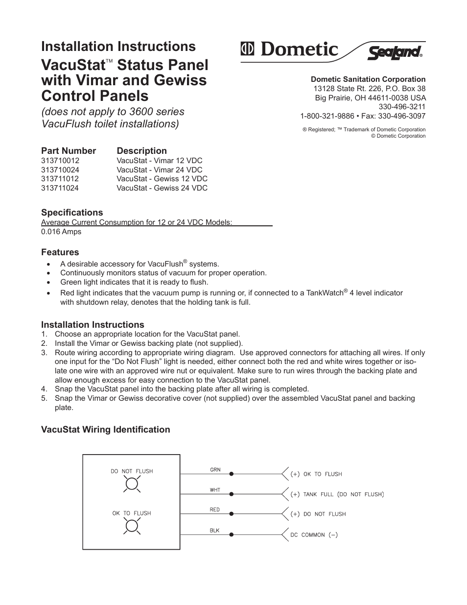 SeaLand VacuStat Status Panel with Vimar and Gewiss Control Panels User Manual | 2 pages