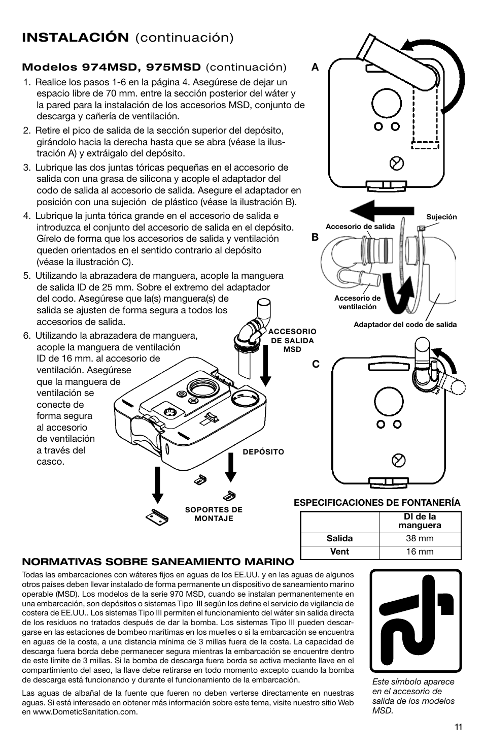 Instalación (continuación) | SeaLand 976 Portable Toilets User Manual | Page 11 / 20