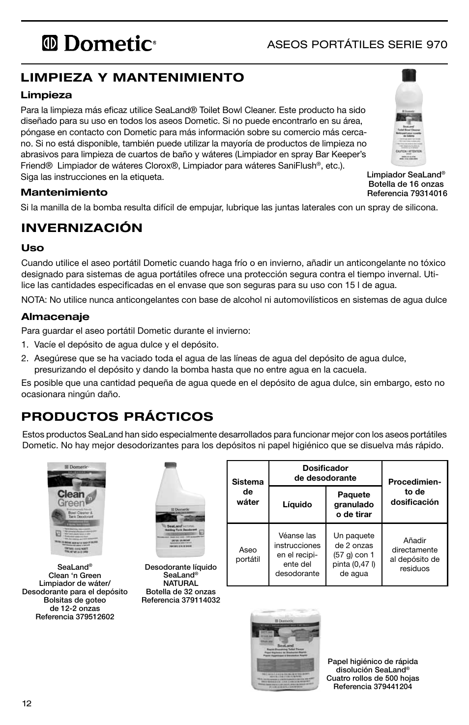 Invernización productos prácticos, Limpieza y mantenimiento, Aseos portátiles serie 970 | SeaLand 976 Portable Toilets User Manual | Page 12 / 20