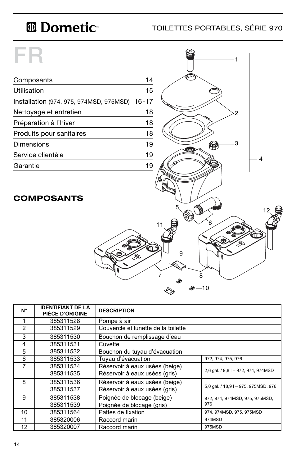 Composants | SeaLand 976 Portable Toilets User Manual | Page 14 / 20
