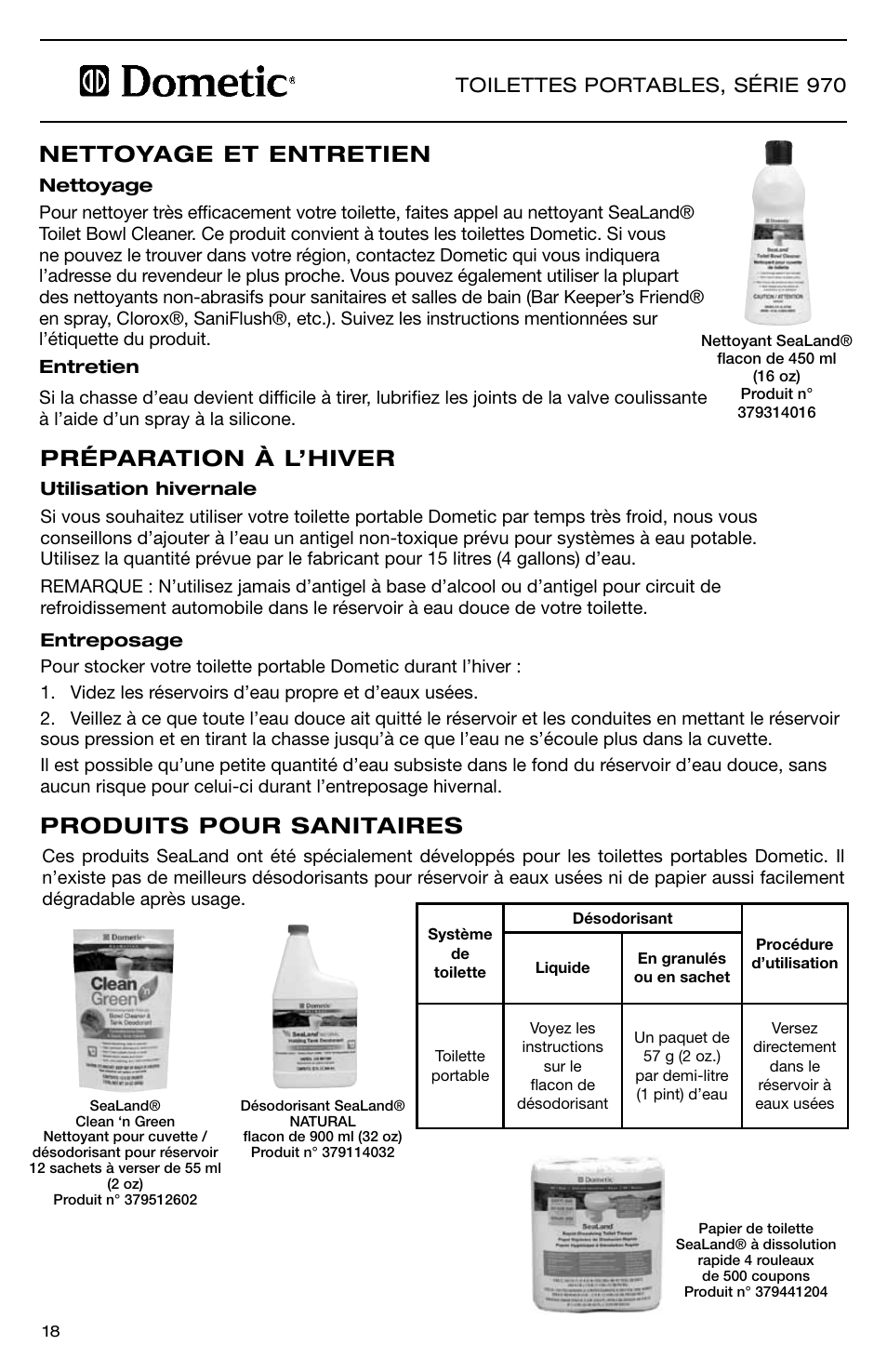 Préparation à l’hiver produits pour sanitaires, Nettoyage et entretien, Toilettes portables, série 970 | SeaLand 976 Portable Toilets User Manual | Page 18 / 20