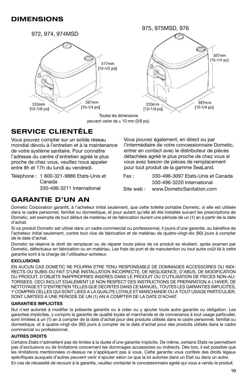 Garantie d’un an service clientèle, Dimensions | SeaLand 976 Portable Toilets User Manual | Page 19 / 20