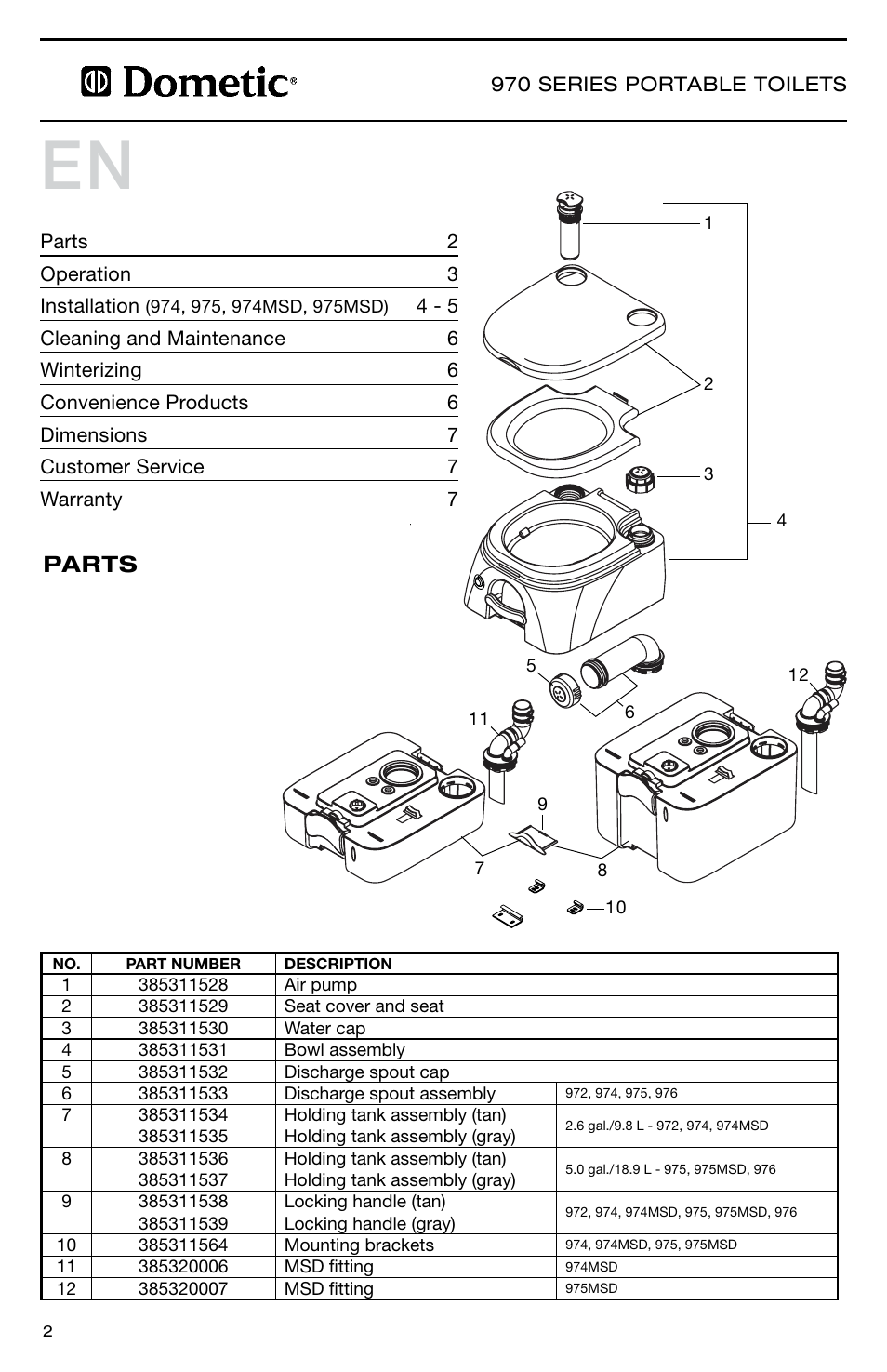 Parts | SeaLand 976 Portable Toilets User Manual | Page 2 / 20