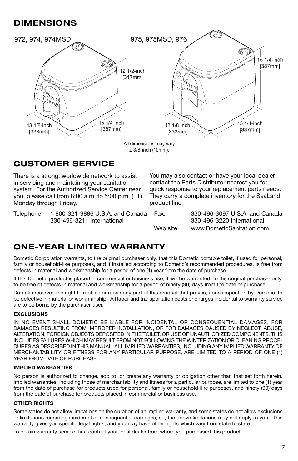 One-year limited warranty customer service, Dimensions | SeaLand 976 Portable Toilets User Manual | Page 7 / 20