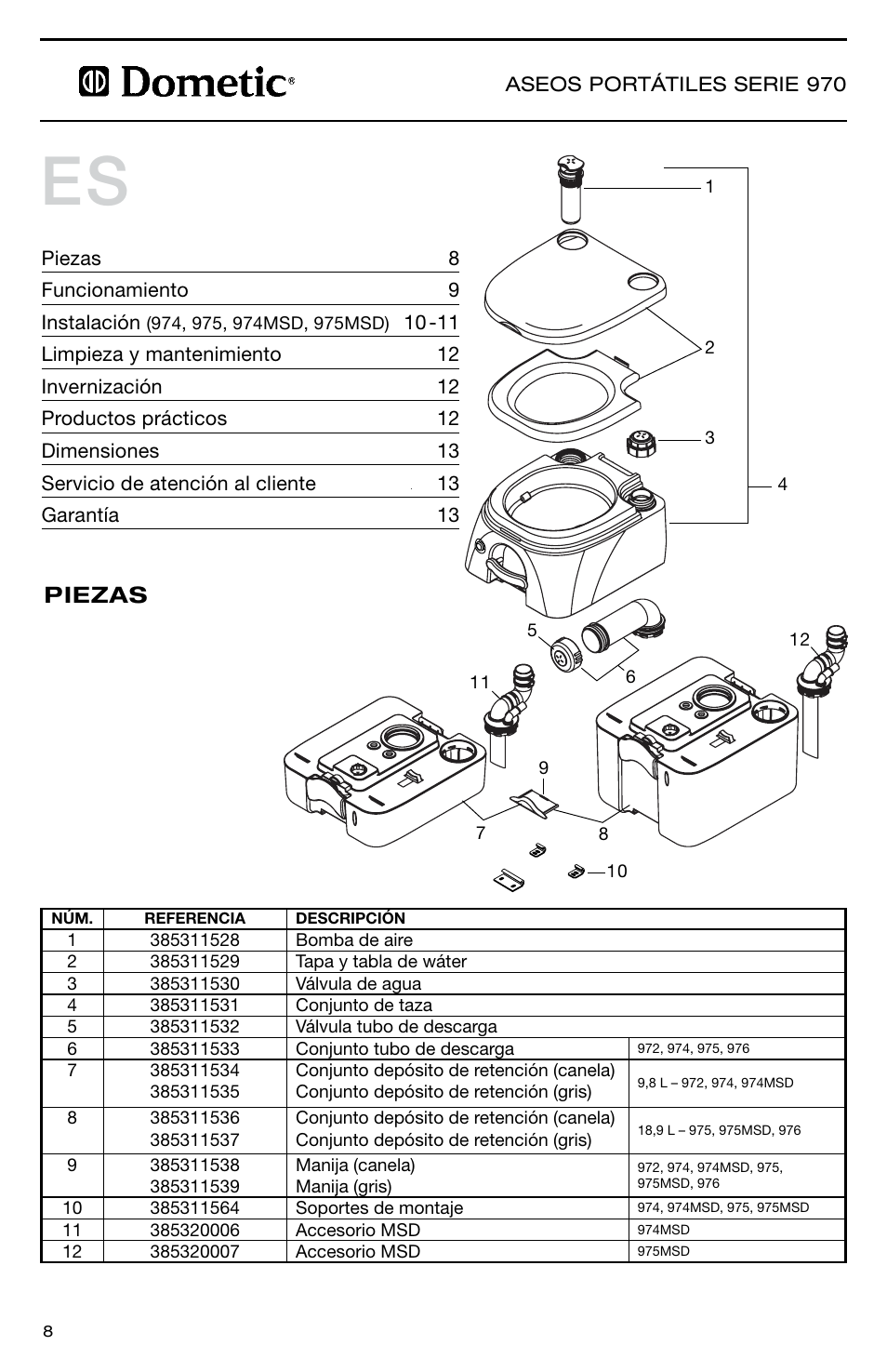 Piezas | SeaLand 976 Portable Toilets User Manual | Page 8 / 20