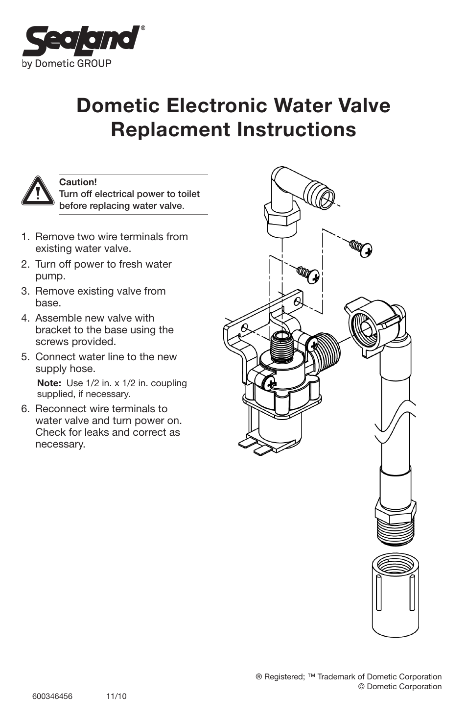 SeaLand Dometic Electronic Water Valve User Manual | 1 page