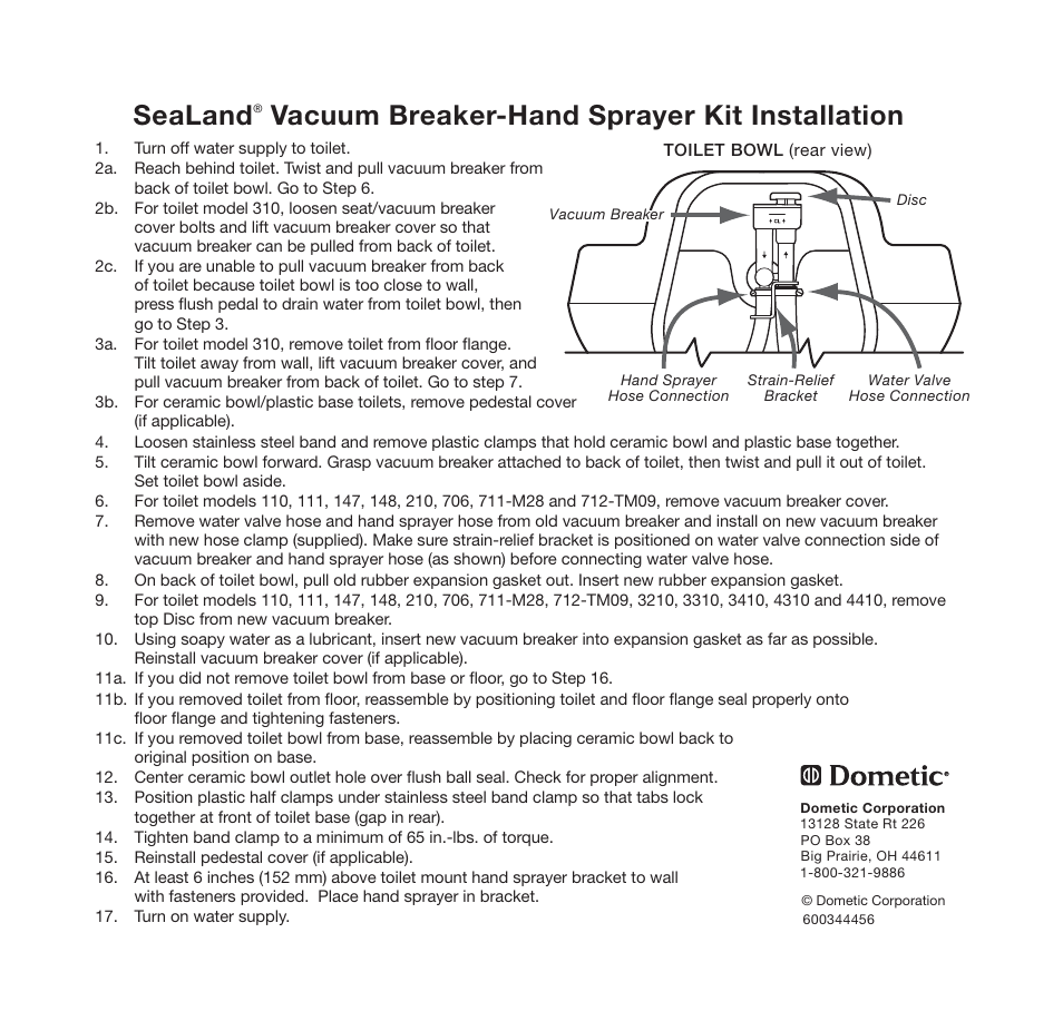 SeaLand Vacuum Breaker-Hand Sprayer Kit User Manual | 1 page