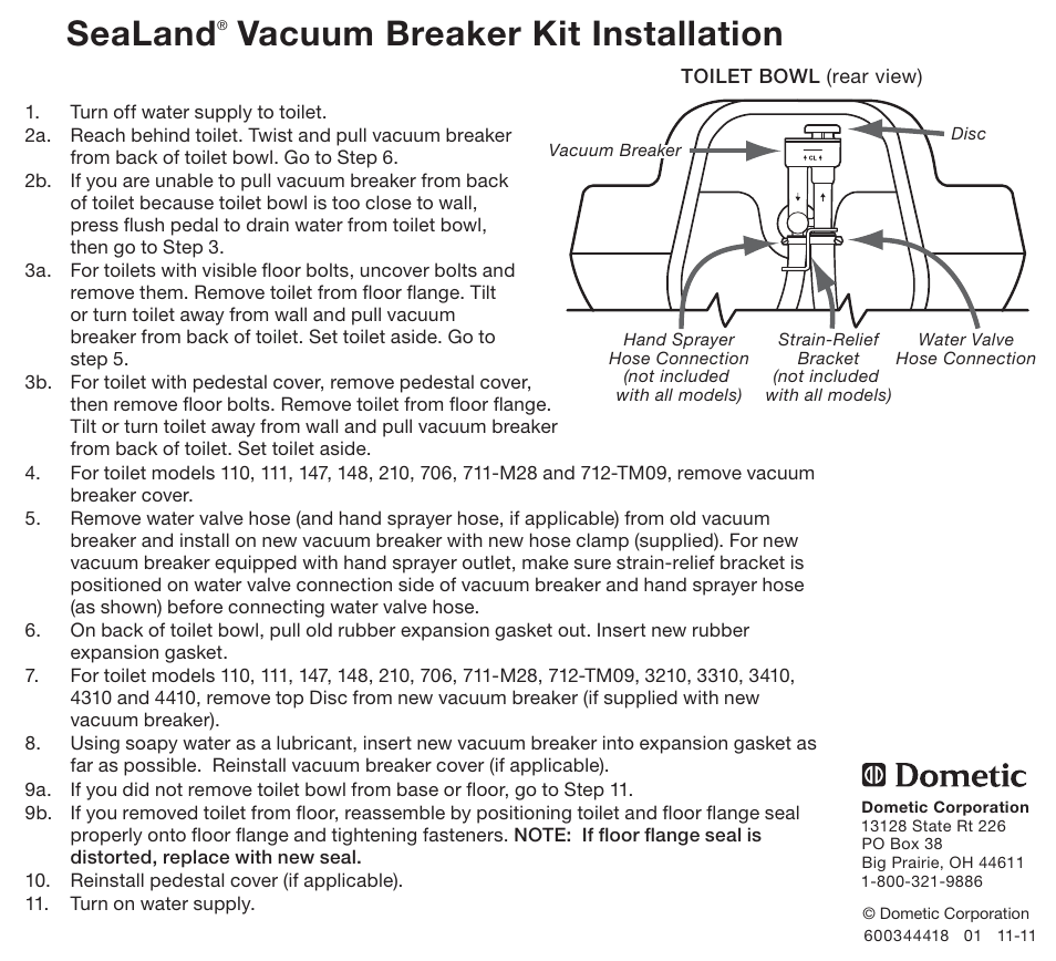 SeaLand Vacuum Breaker Kit User Manual | 1 page