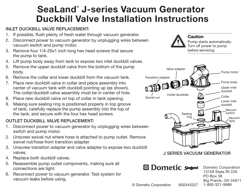 SeaLand J-series Vacuum Generator Duckbill Valve User Manual | 1 page