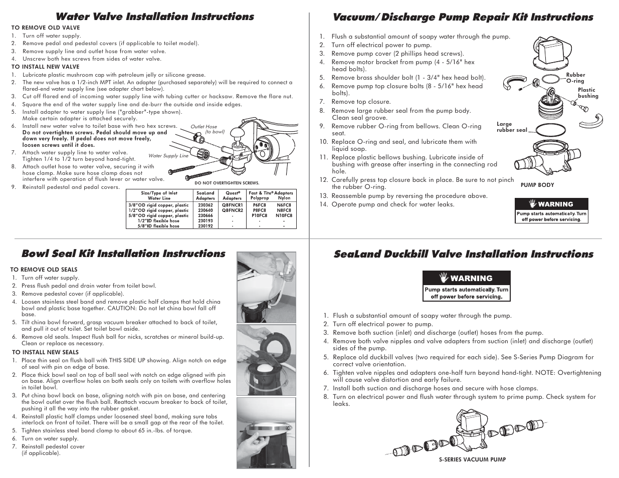 Sealand duckbill valve installation instructions, Bowl seal kit installation instructions | SeaLand Vacuum Test Gauge User Manual | Page 2 / 2