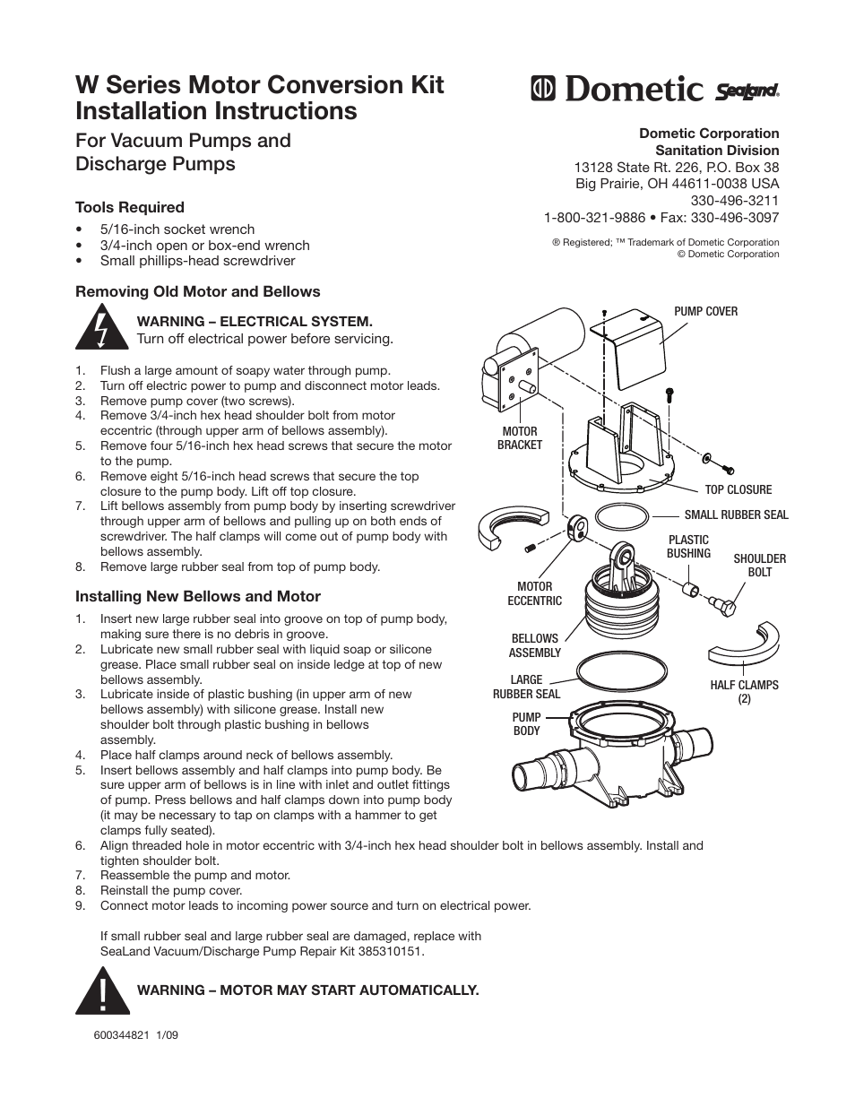 SeaLand W Series Motor Conversion User Manual | 1 page