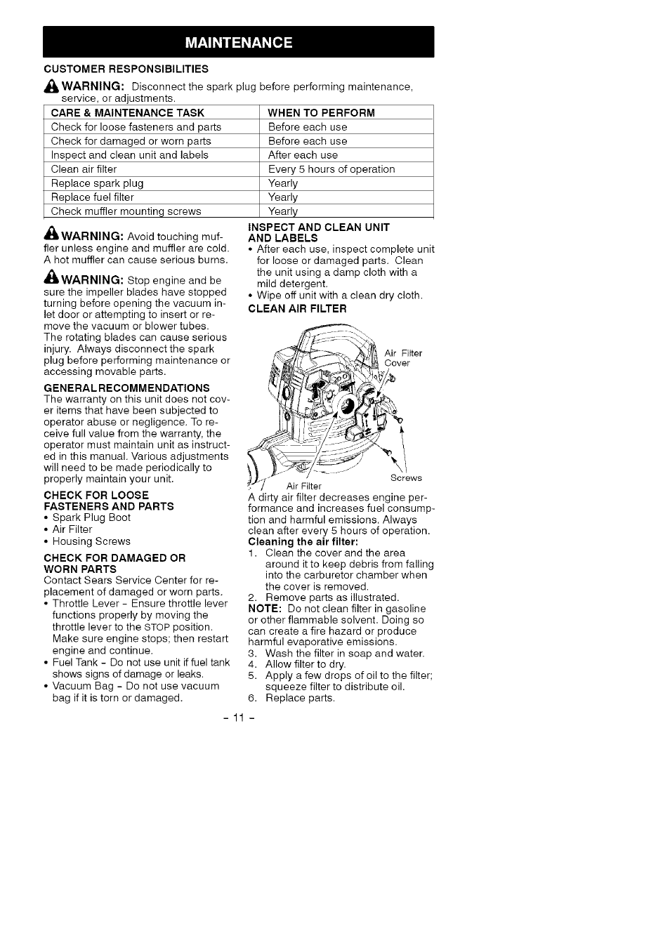 Maintenance | Craftsman 358.794964 User Manual | Page 11 / 36