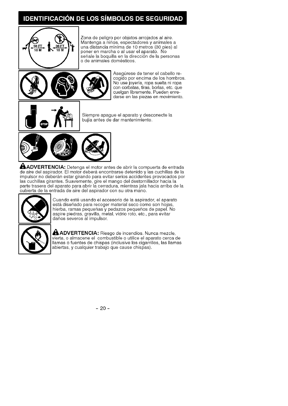 Identificacion de los simbolos de seguridad | Craftsman 358.794964 User Manual | Page 20 / 36