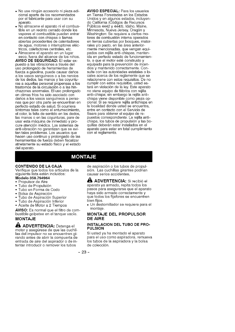 Montaje, Montaje del propulsor de aire | Craftsman 358.794964 User Manual | Page 23 / 36