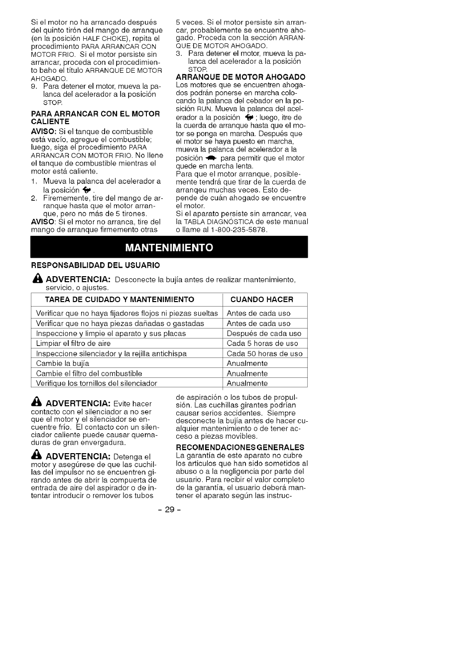 Mantenimiento | Craftsman 358.794964 User Manual | Page 29 / 36