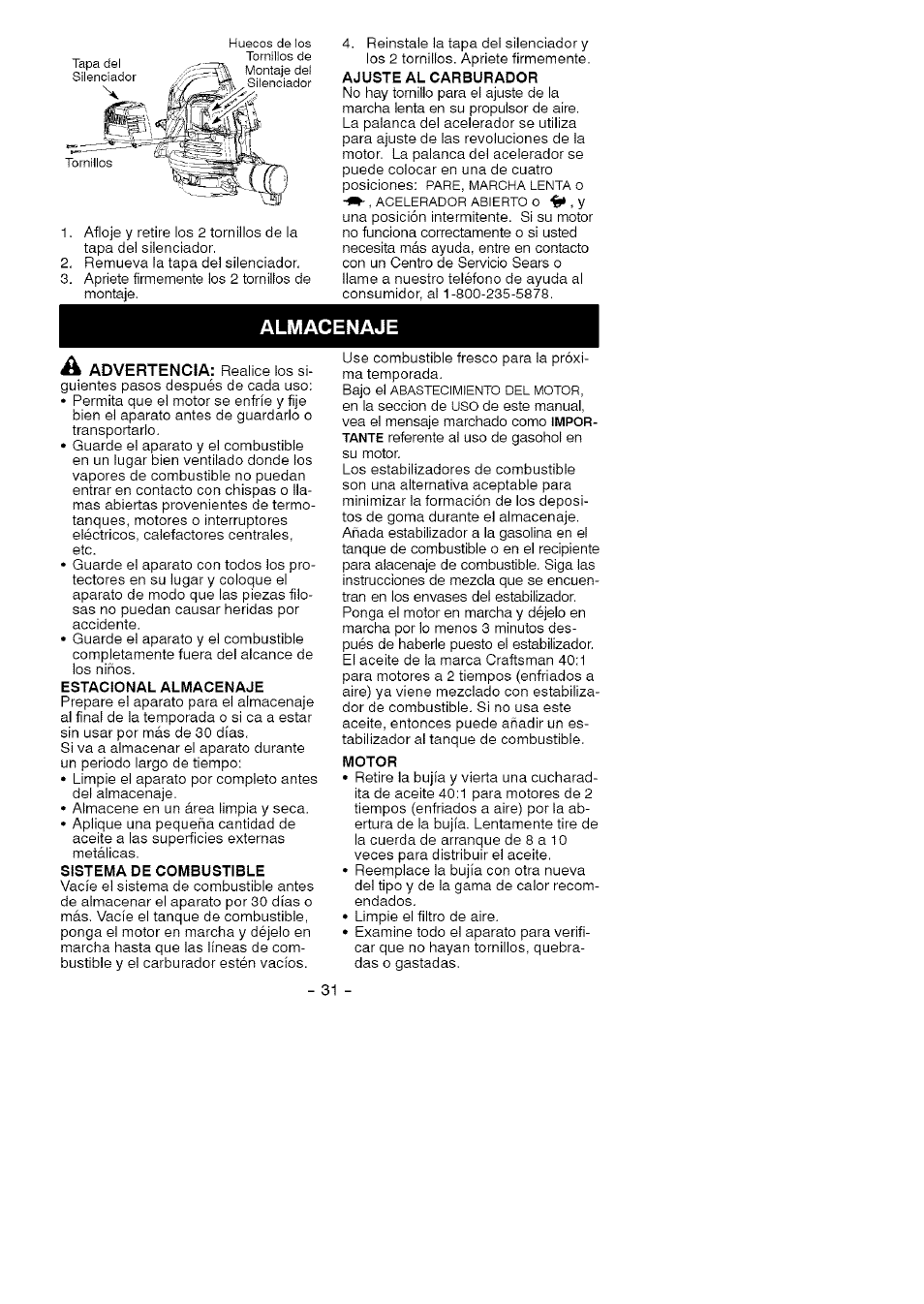 Almacenaje | Craftsman 358.794964 User Manual | Page 31 / 36