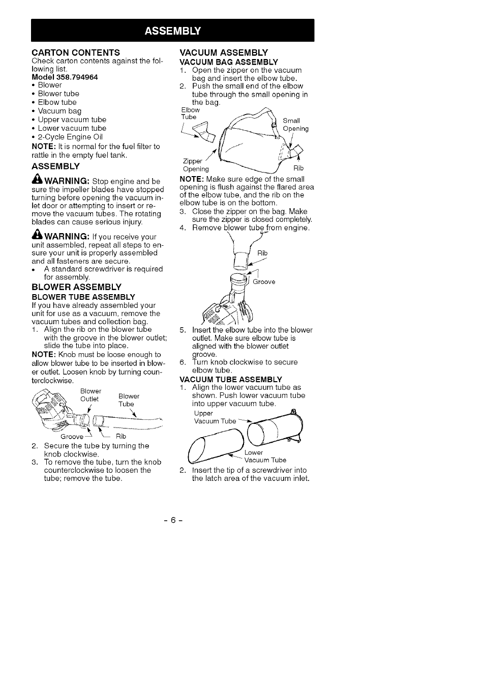 Carton contents, Assembly | Craftsman 358.794964 User Manual | Page 6 / 36