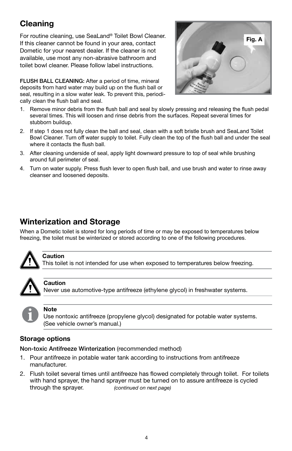 Cleaning, Winterization and storage | SeaLand 510H Gravity Discharge Toilet User Manual | Page 4 / 8