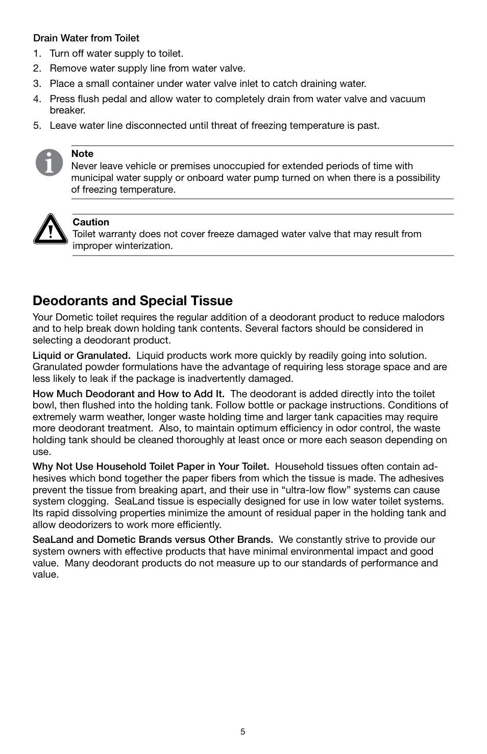 Deodorants and special tissue | SeaLand 510H Gravity Discharge Toilet User Manual | Page 5 / 8