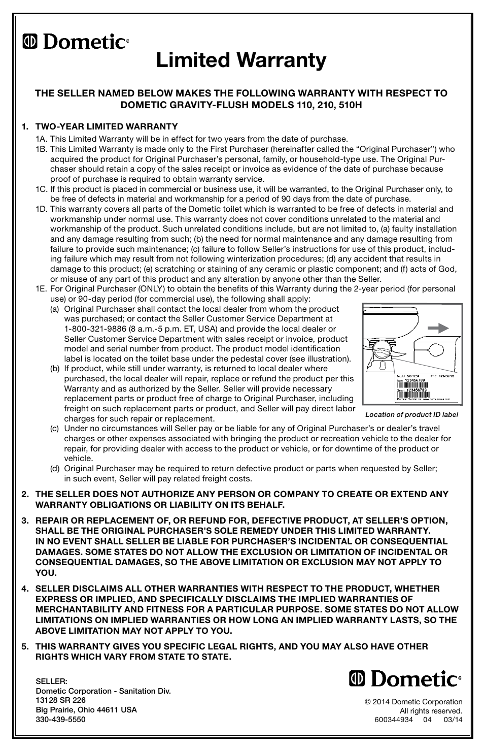 Limited warranty | SeaLand 510H Gravity Discharge Toilet User Manual | Page 8 / 8