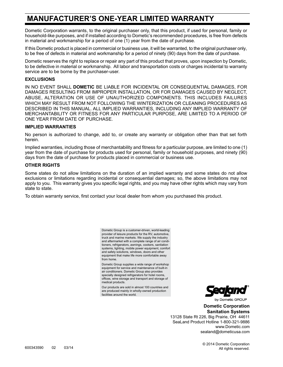 Manufacturer’s one-year limited warranty | SeaLand 140 VacuFlush Series Toilet User Manual | Page 12 / 12