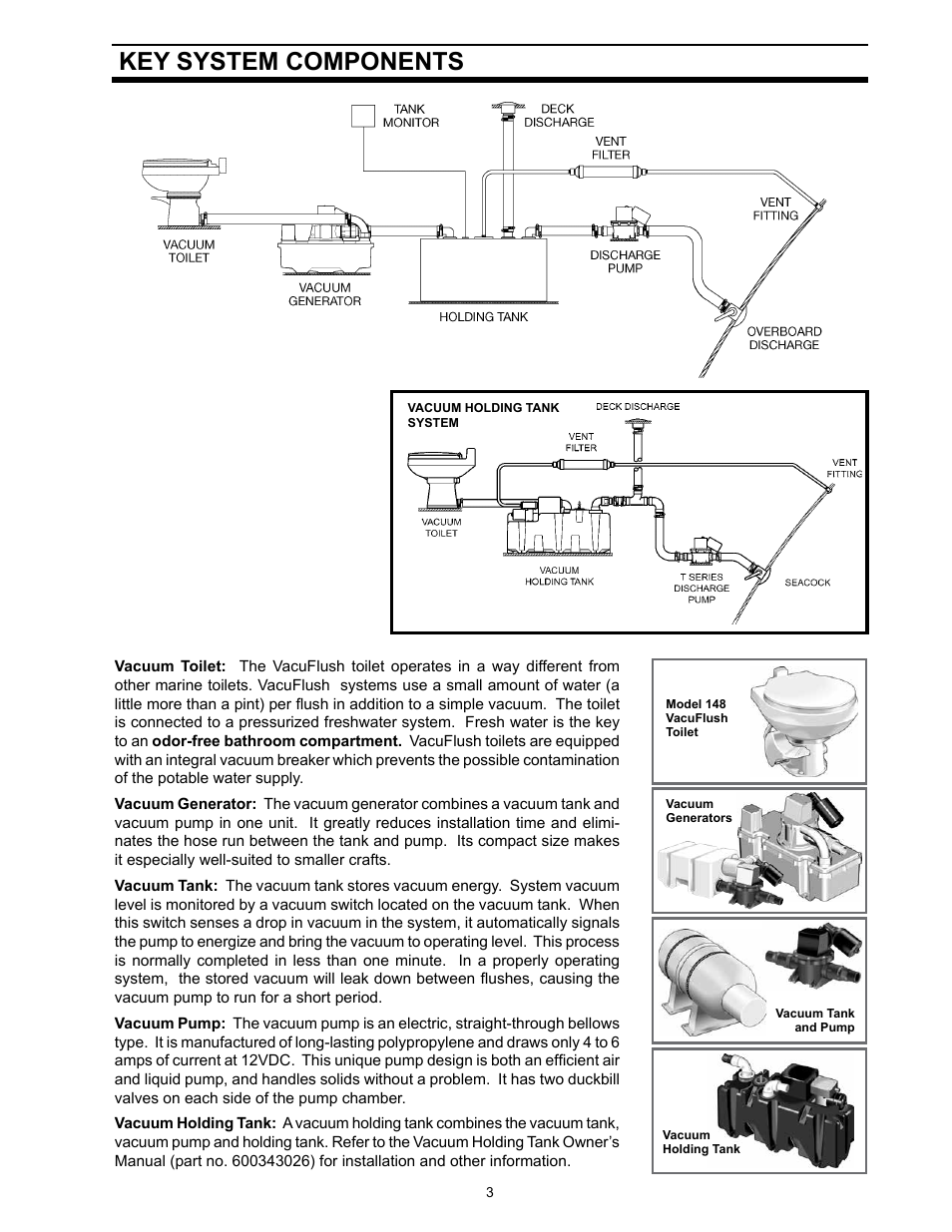 Key system components | SeaLand 140 VacuFlush Series Toilet User Manual | Page 3 / 12