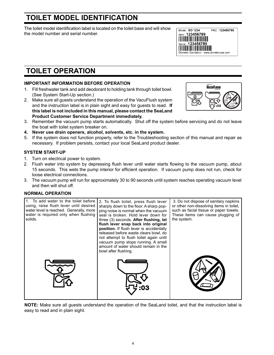 Toilet model identification, Toilet operation | SeaLand 140 VacuFlush Series Toilet User Manual | Page 4 / 12