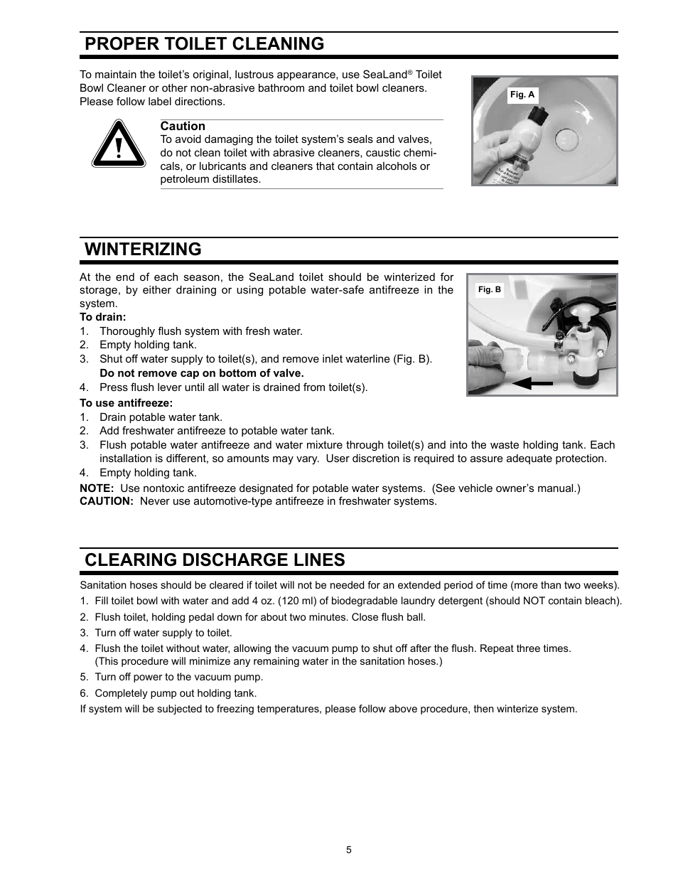 Proper cleaning - toilet bowl and seal, Winterizing, Clearing discharge lines | Proper toilet cleaning, Winterizing clearing discharge lines | SeaLand 140 VacuFlush Series Toilet User Manual | Page 5 / 12