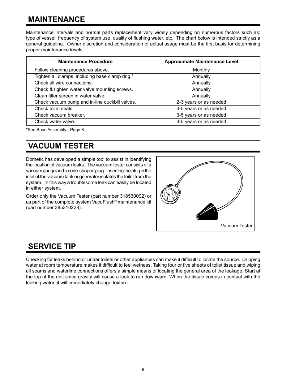 Maintenance, Vacuum tester, Service tip | SeaLand 140 VacuFlush Series Toilet User Manual | Page 6 / 12