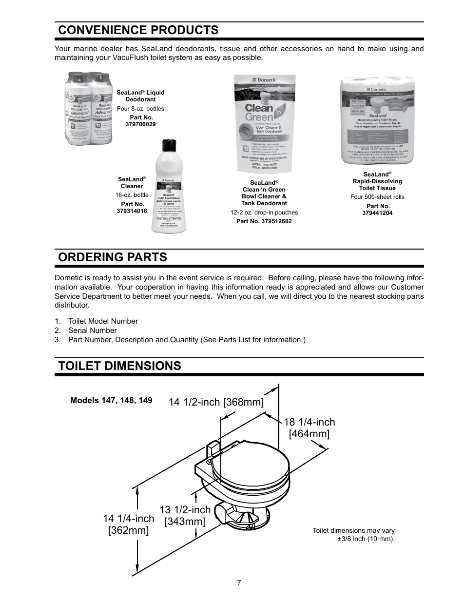 Convenience products, Ordering parts, Toilet dimensions | SeaLand 140 VacuFlush Series Toilet User Manual | Page 7 / 12
