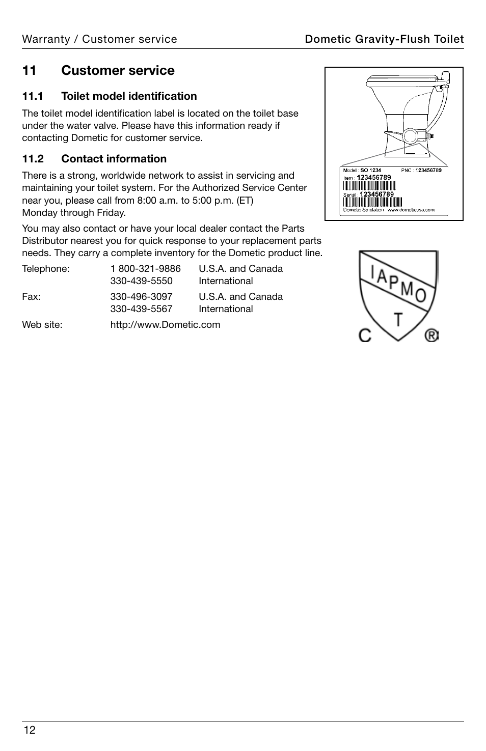 Customer service, 11 customer service | SeaLand 320 Series RV Toilet User Manual | Page 12 / 16