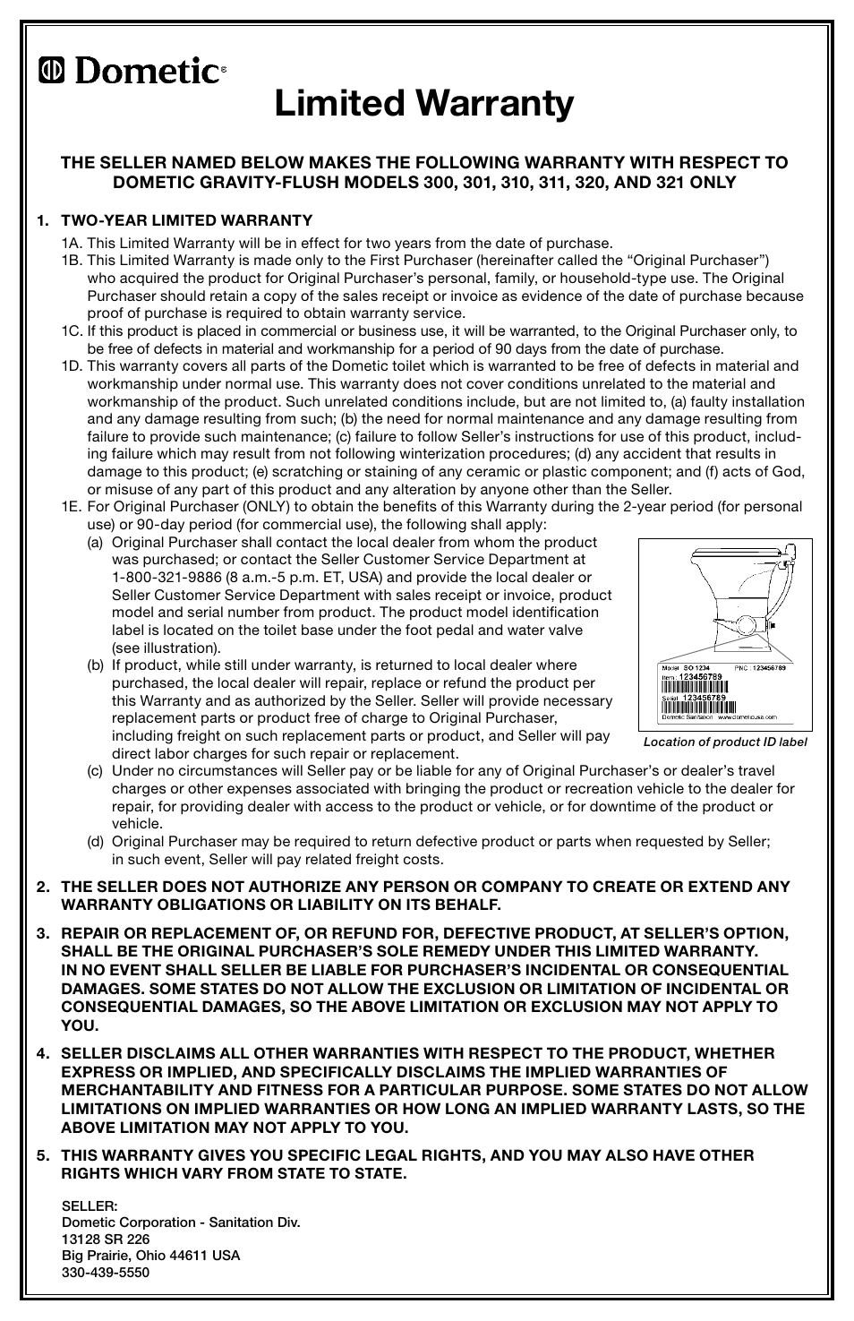 Warranty, Limited warranty | SeaLand 320 Series RV Toilet User Manual | Page 13 / 16