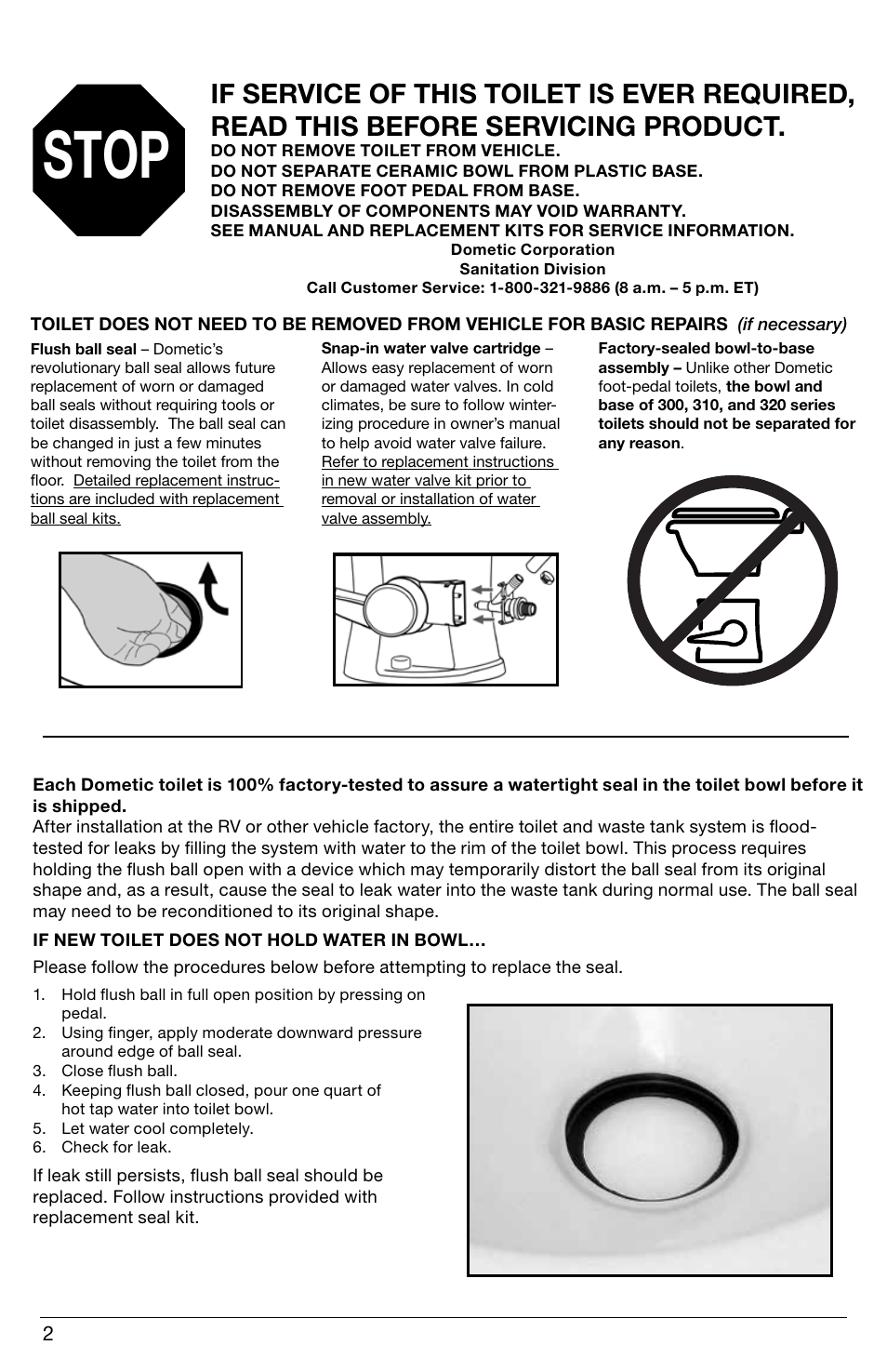 Read this before servicing product, Stop | SeaLand 320 Series RV Toilet User Manual | Page 2 / 16