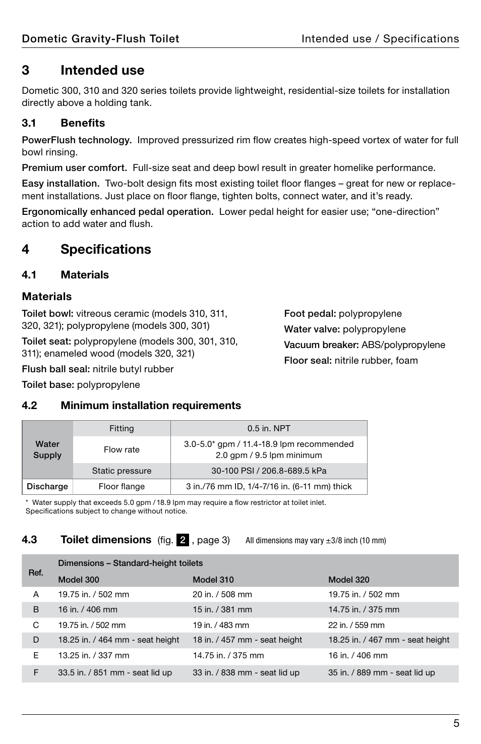 Intended use, Specifications, 3intended use | 4 specifications | SeaLand 320 Series RV Toilet User Manual | Page 5 / 16