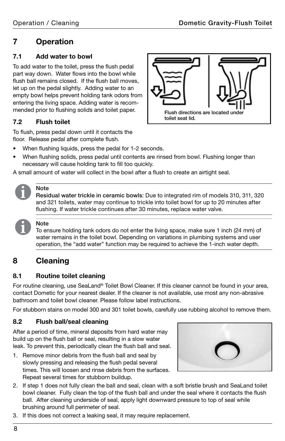 Operation, Cleaning, 7 operation | 8 cleaning | SeaLand 320 Series RV Toilet User Manual | Page 8 / 16