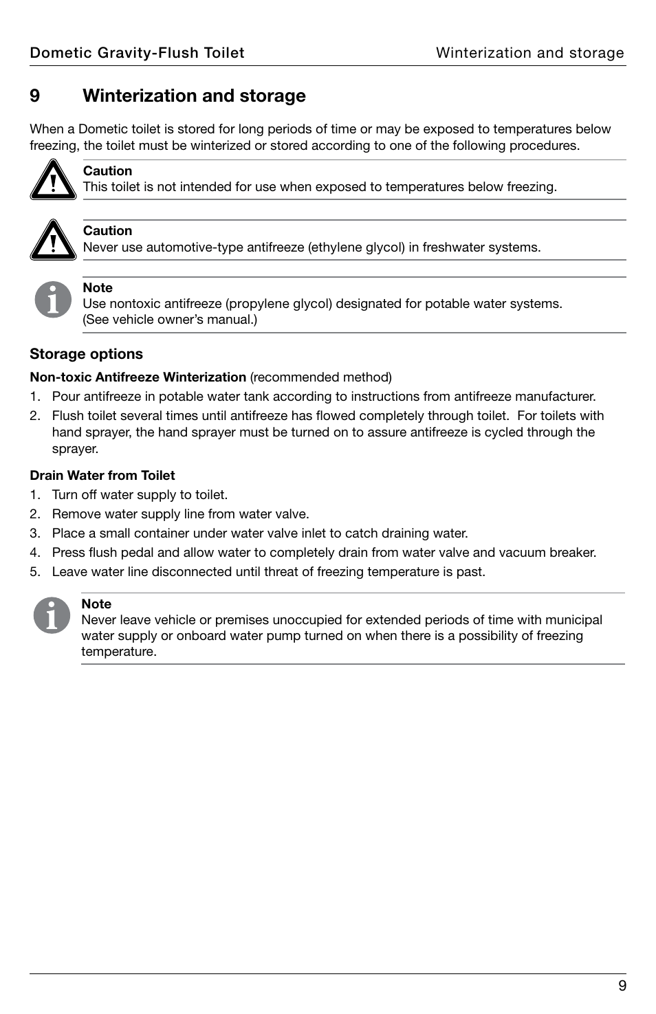 Winterization and storage, 9winterization and storage | SeaLand 320 Series RV Toilet User Manual | Page 9 / 16