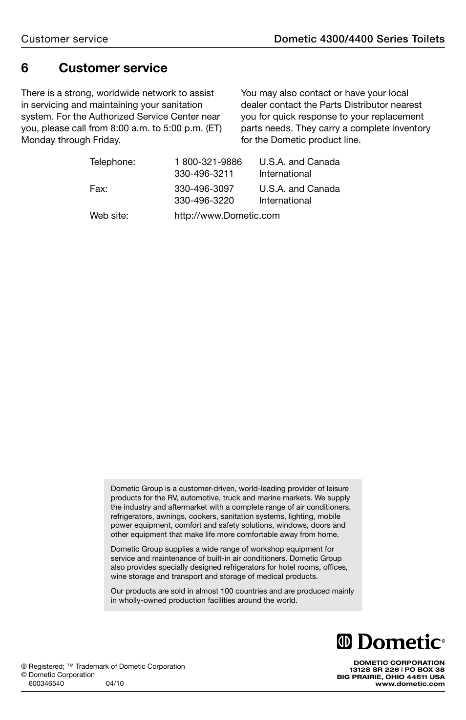 Customer service, 6customer service | SeaLand 4400 Series Toilet Installation User Manual | Page 12 / 12