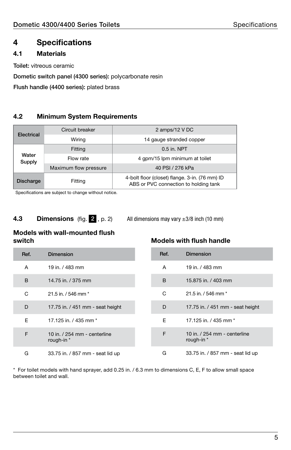 Specifications, 4specifications, 2 minimum system requirements | 1 materials | SeaLand 4400 Series Toilet Installation User Manual | Page 5 / 12