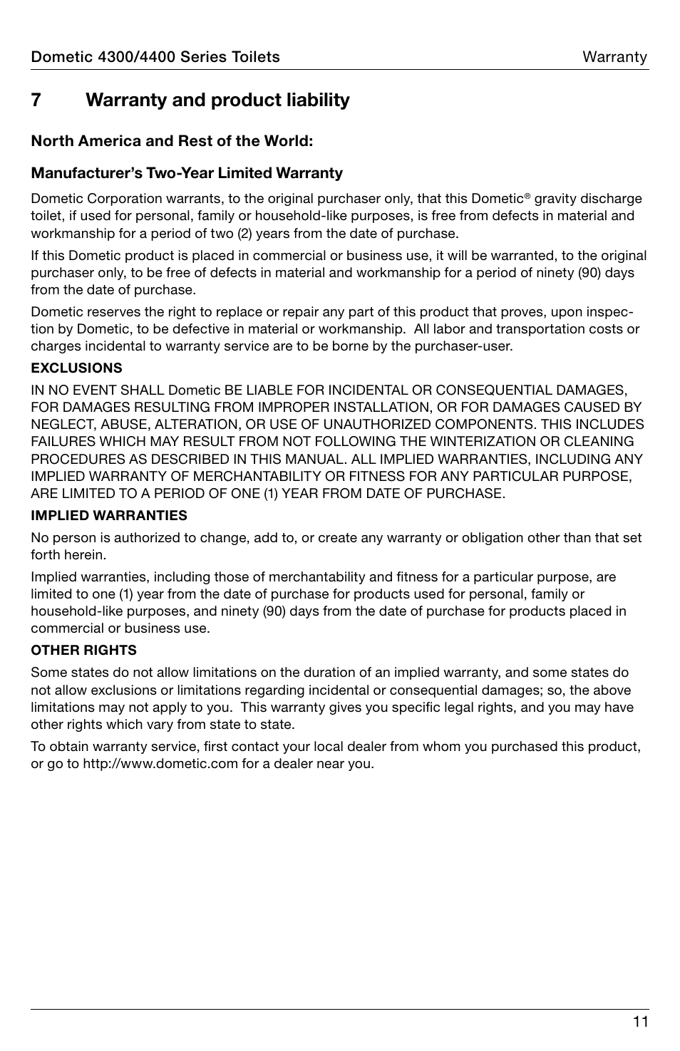 Warranty and product liability, 7warranty and product liability | SeaLand 4400 Series Toilet Operation Manual User Manual | Page 11 / 12