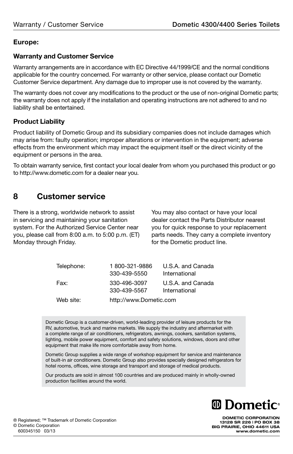 Customer service, 8customer service | SeaLand 4400 Series Toilet Operation Manual User Manual | Page 12 / 12