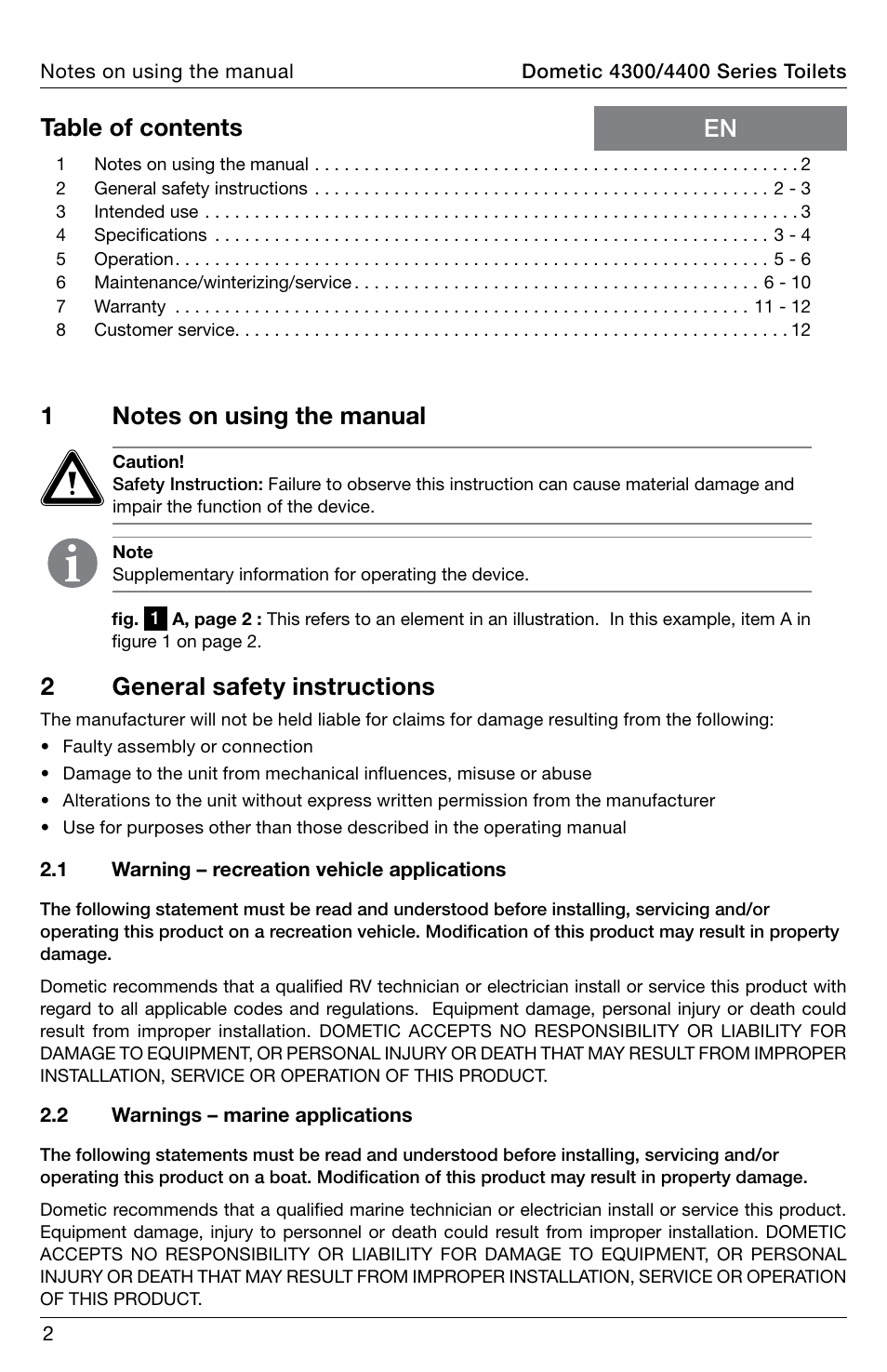 SeaLand 4400 Series Toilet Operation Manual User Manual | Page 2 / 12