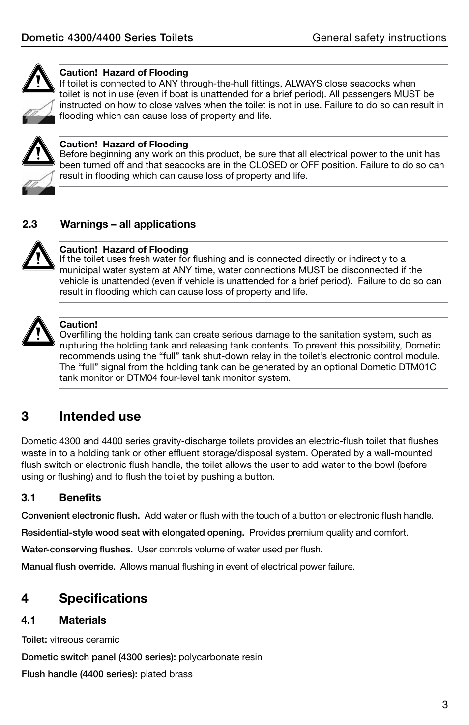 Intended use, Specifications, 3intended use | 4 specifications | SeaLand 4400 Series Toilet Operation Manual User Manual | Page 3 / 12