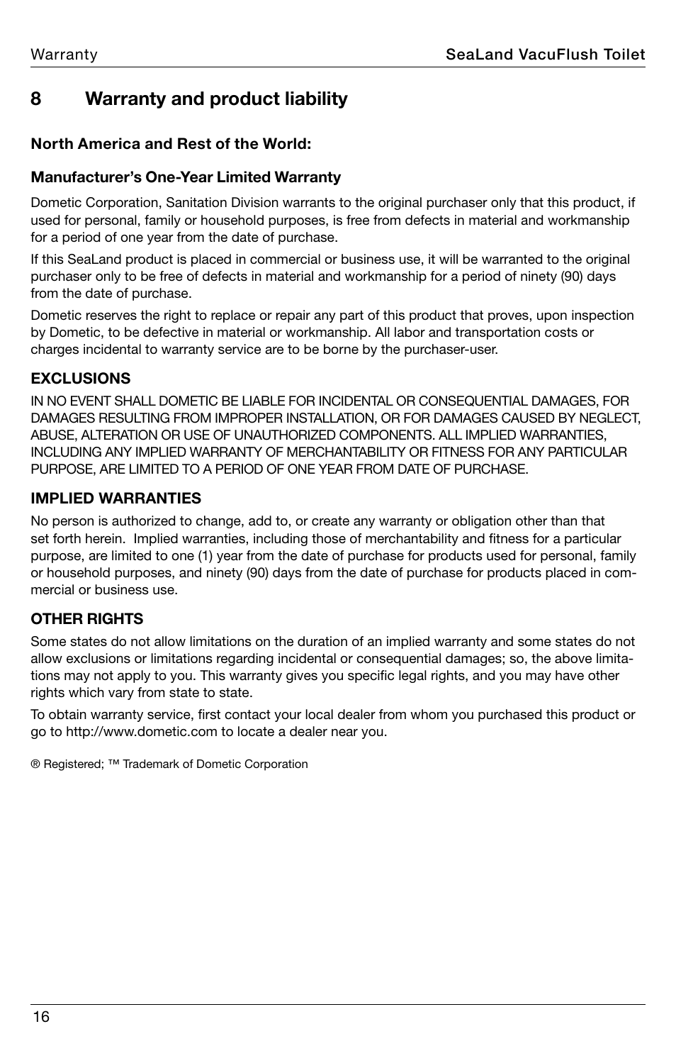 Warranty and product liability, 8warranty and product liability | SeaLand 4800 Series VacuFlush User Manual | Page 16 / 20