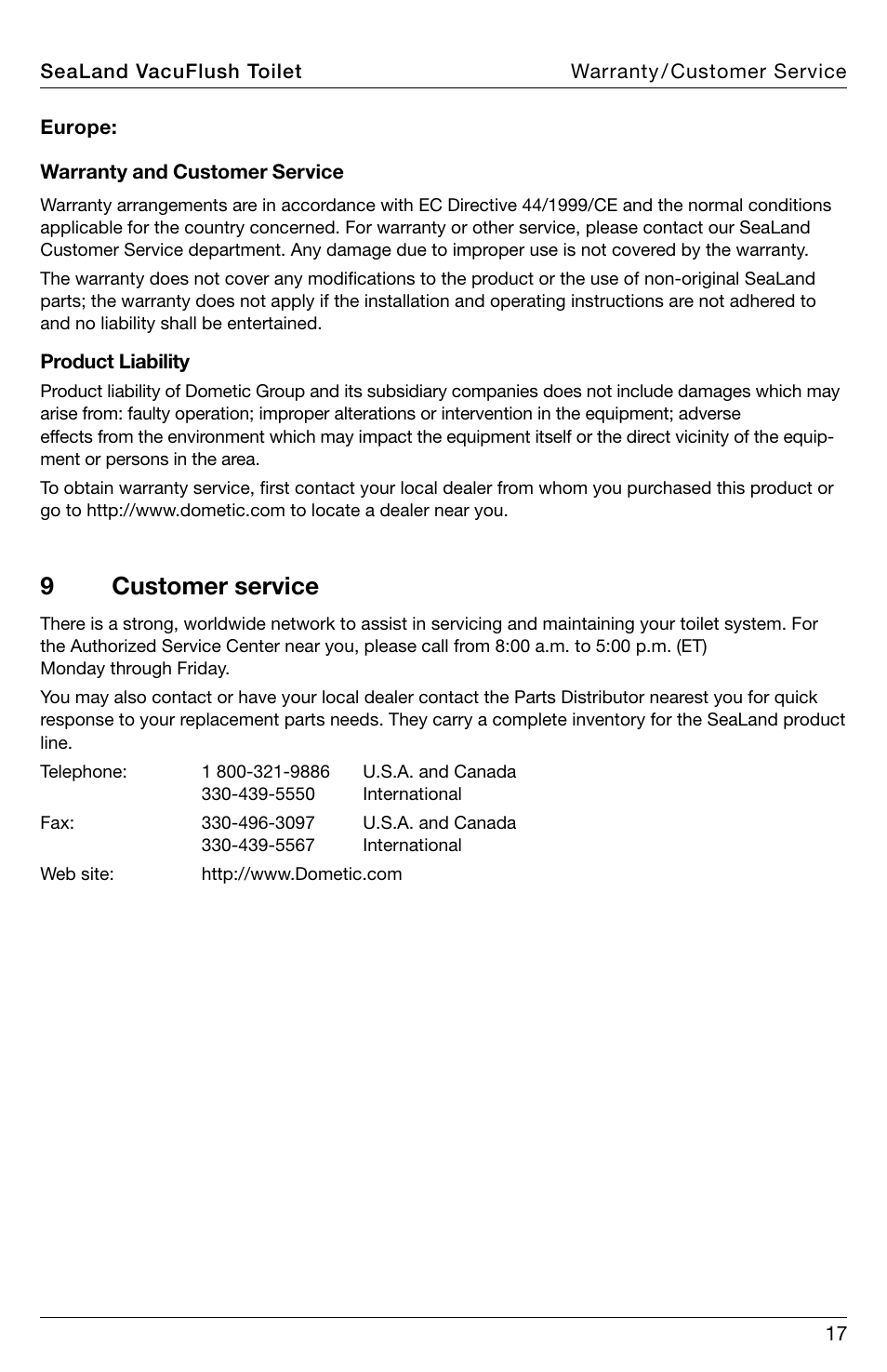 Customer service, 9customer service | SeaLand 4800 Series VacuFlush User Manual | Page 17 / 20