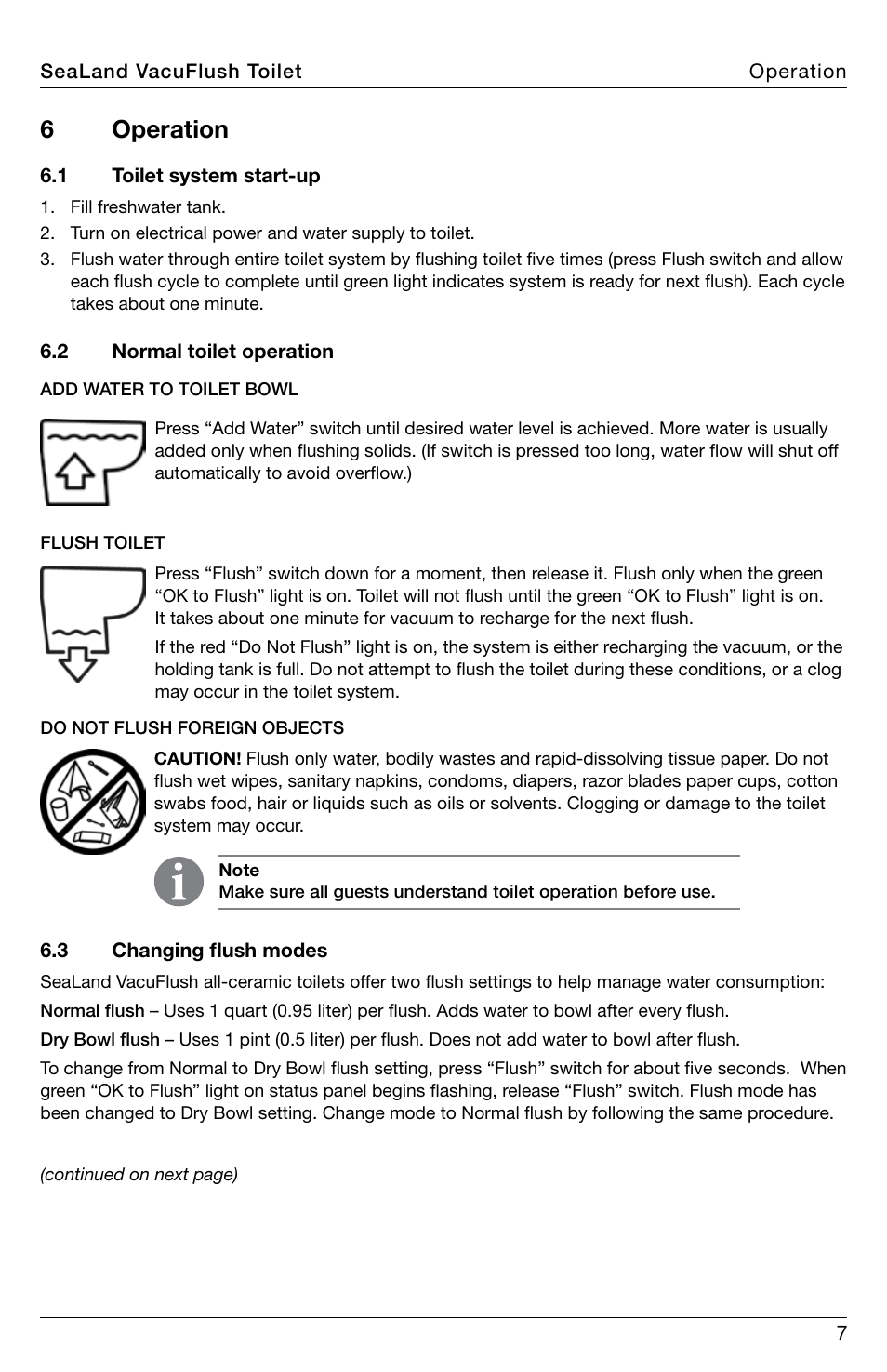 Operation, 6 operation | SeaLand 4800 Series VacuFlush User Manual | Page 7 / 20